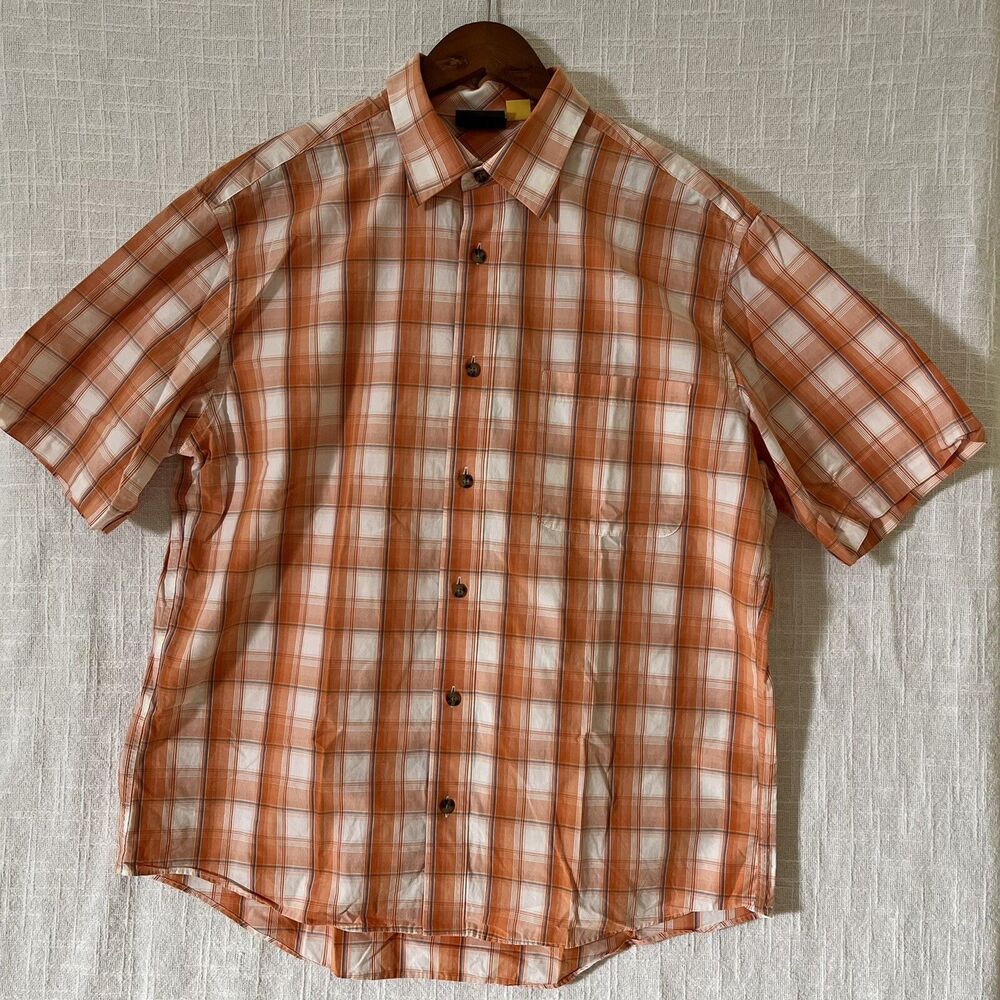 Cabelas Button Down Shirt Mens L Orange Plaid Short Sleeve Outdoor Oxford